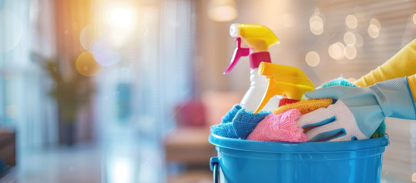 Basket with cleaning items and cleaner on blurry home interior background, Cleaning service. banner